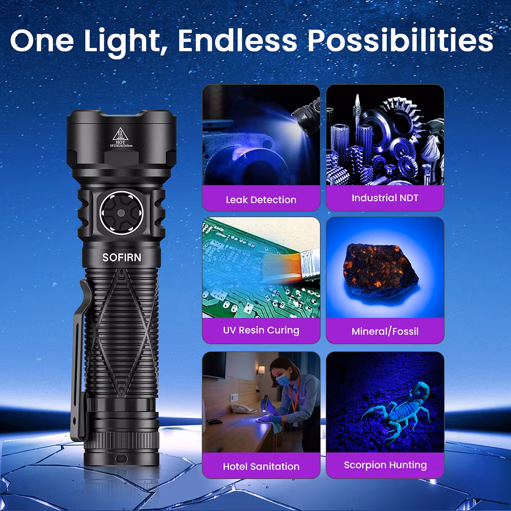 SOFIRN SR15UV 365nm Rechargeable UV Flashlight – 4× SST08-UV LEDs with Magnetic Tail Cap - Image 4