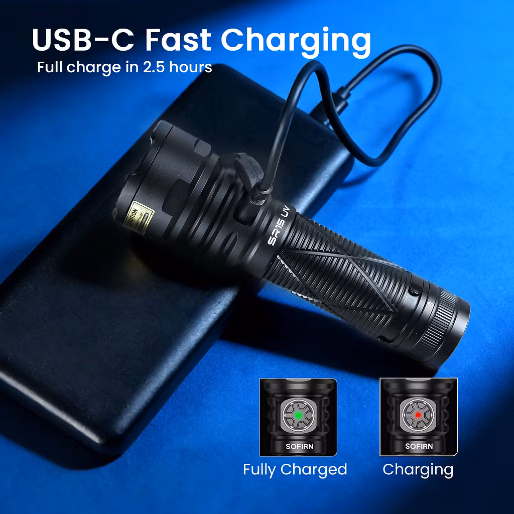 SOFIRN SR15UV 365nm Rechargeable UV Flashlight – 4× SST08-UV LEDs with Magnetic Tail Cap - Image 6